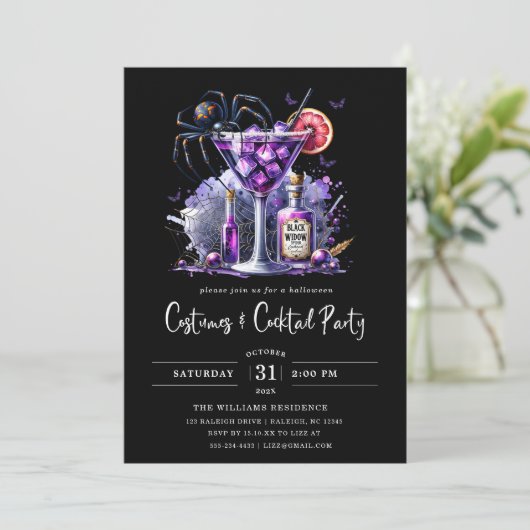 Moderne Kostüme und Cocktail-Halloween-Party Einladung (Stehend Vorderseite)