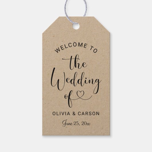 Moderne Kraft Black Heart Script Wedding Willkomme Geschenkanhänger (Vorderseite)