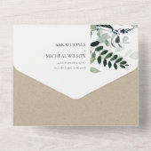 Moderne Kraft-Grüne Blattwerk-Tropenfolienhochzeit All In One Einladung (Rückseite)