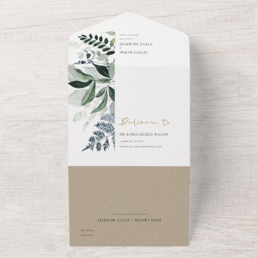 Moderne Kraft-Grüne Blattwerk-Tropenfolienhochzeit All In One Einladung (Außenbereich)