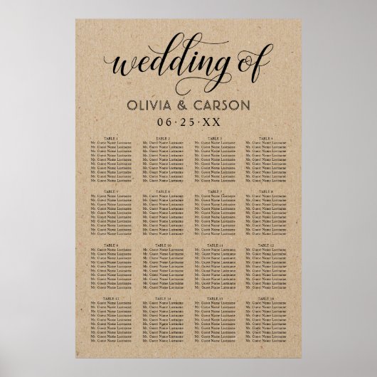 Moderne Kraft- und Schwarz-Script-Hochzeitssitze Poster (Vorne)
