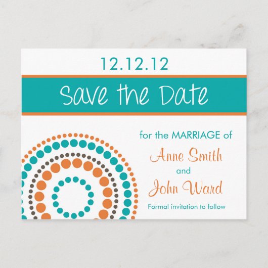 Moderne Kreise Save the Date - Orange & Türkis Ankündigungspostkarte (Vorderseite)