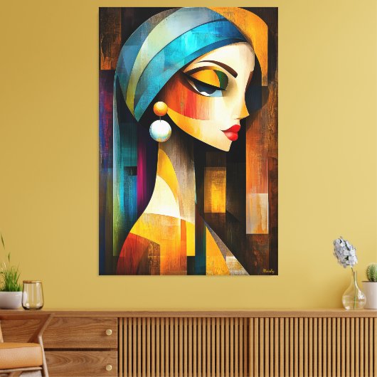 Moderne kubistische Vision eines Mädchens mit Perl Leinwanddruck (Insitu (Wohnzimmer))