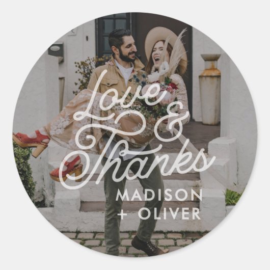 Moderne kühne Liebe und Dank Foto Wedding Runder Aufkleber (Vorderseite)