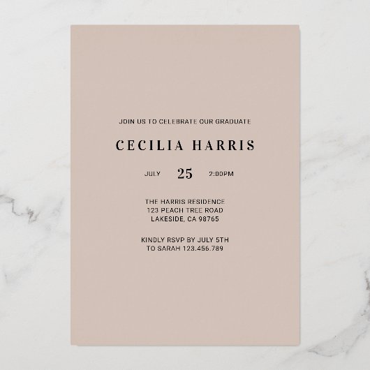 Moderne kühne Rose Gold Grad Foil Einladung (Rückseite)