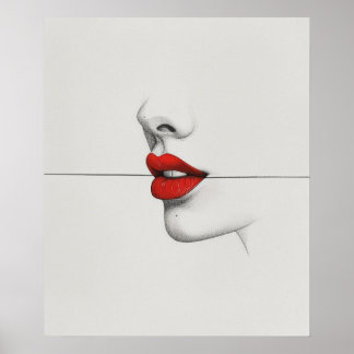 Moderne, kühne rote Lippen minimalistische Linienk Poster