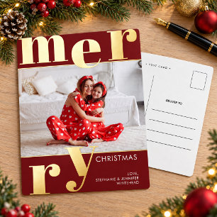 Moderne kühne Typografie Burgunder-Weihnachtsfoto Folien Feiertagspostkarte