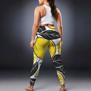 Moderne, kühne Zitronen- und schwarze Blätter Naht Leggings