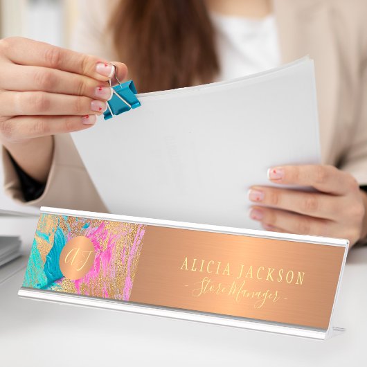 Moderne Kunst abstraktes Muster aquamarines Gold m Schreibtischnamensplakette