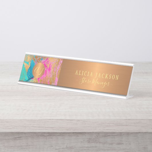 Moderne Kunst abstraktes Muster aquamarines Gold m Schreibtischnamensplakette (Vorderseite )