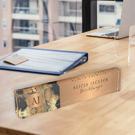 Moderne Kunst abstraktes Schwarz-Gold mit Monogram Namensplakette