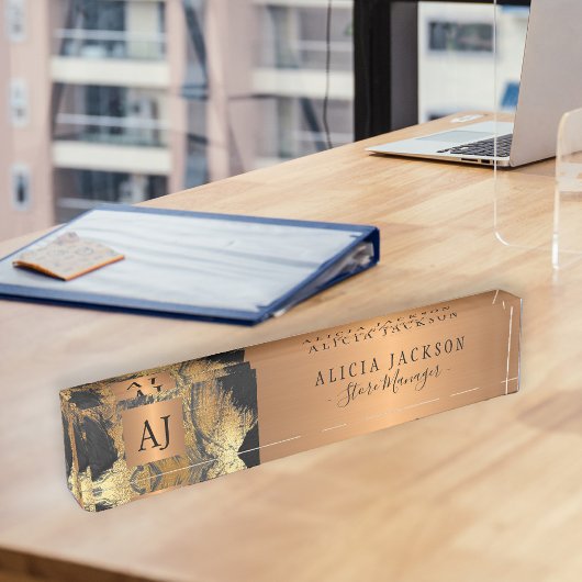 Moderne Kunst abstraktes Schwarz-Gold mit Monogram Namensplakette