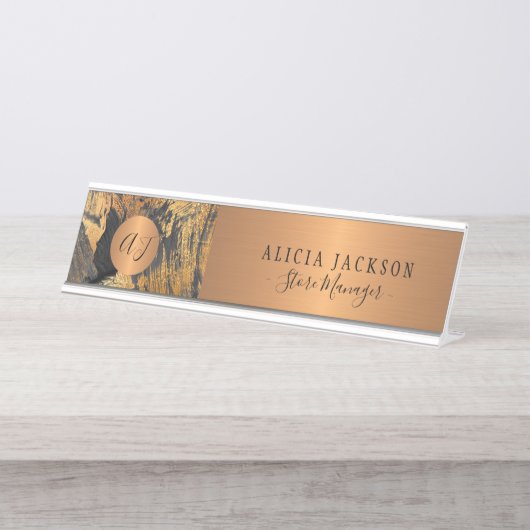 Moderne Kunst abstraktes Schwarz-Gold mit Monogram Schreibtischnamensplakette (Vorderseite )