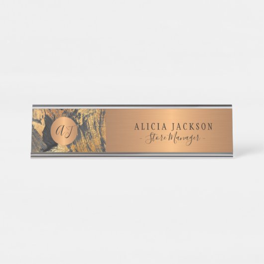 Moderne Kunst abstraktes Schwarz-Gold mit Monogram Schreibtischnamensplakette (Vorderseite )