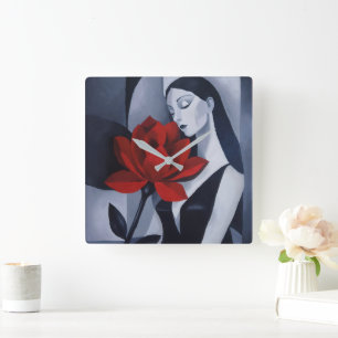 Moderne Kunst Frau mit roter Rose Acryl-Wanduhr Quadratische Wanduhr