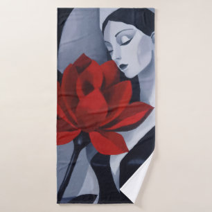Moderne Kunst Frau mit roter Rose Badetuch Badehandtuch