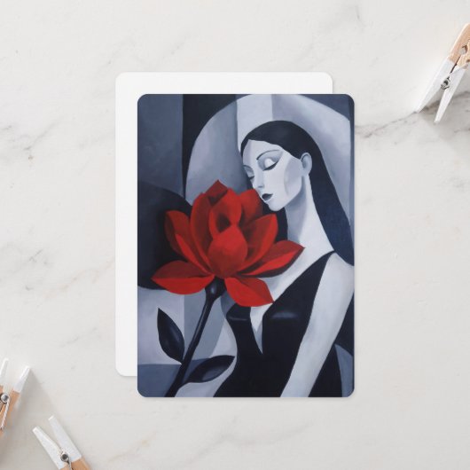 Moderne Kunst Frau mit roter Rose Flache Einladung (Vorderseite/Rückseite Beispiel)