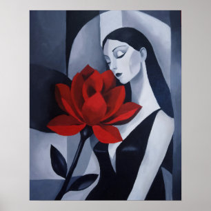 Moderne Kunst Frau mit roter Rose Flower Noir Port Poster