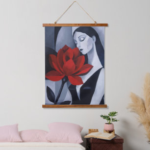 Moderne Kunst Frau mit roter Rose Holz-getopptem W Wandteppich Mit Holzrahmen
