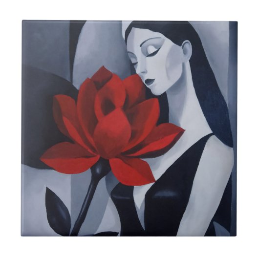 Moderne Kunst Frau mit roter Rose Keramikfliese (Vorderseite)