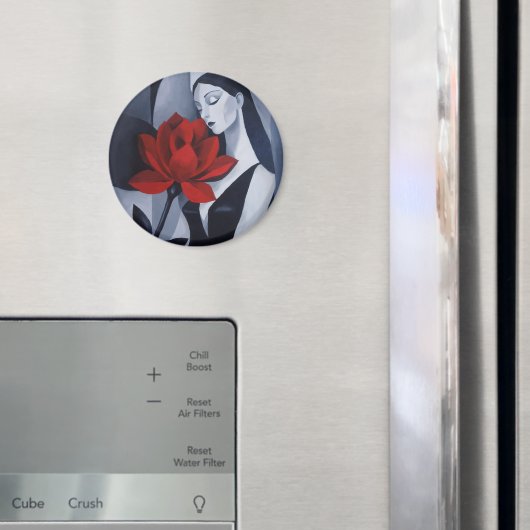 Moderne Kunst Frau mit roter Rose Kreis Magnet (In Situ (Kühlschrank))