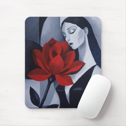 Moderne Kunst Frau mit roter Rose Mousepad (Mit Mouse)