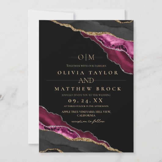 Moderne Kunst Maroon Black Gold Agate Hochzeit Einladung (Vorderseite)