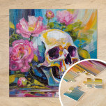 Moderne Kunst noch Leben Abstrakter Schädel und Bl Puzzle<br><div class="desc">Ein modernes impressionistisches Gemälde, das ein ruhiges Leben eines Schädels darstellt, umgeben von lebhaften Blume in lebhaften Pastellfarben. Die sanften, aber lebhaften Pinselstriche mischen die Farbtöne Rosa, Grün, Blau und Gelb und schaffen einen Kontrast zwischen den zarten Blumen und dem krassen, symbolischen Schädel. Dieses Kunstwerk verleiht dem traditionellen Stillleben eine...</div>