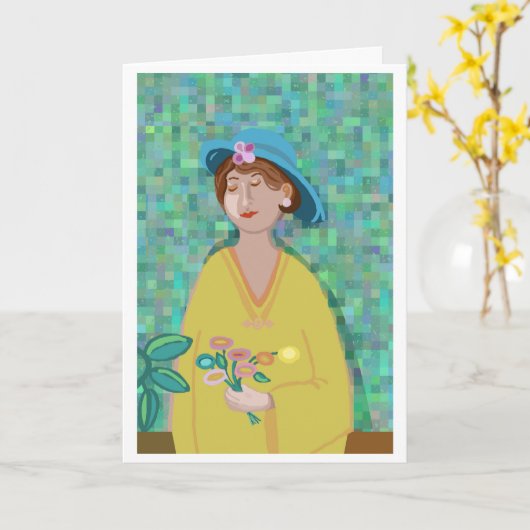 Moderne Kunstfrau mit Blume Karte (Gelbe Blume)