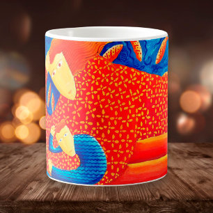 Moderne Kunstmalerei Mutter und Sohn mit Goldfisch Kaffeetasse