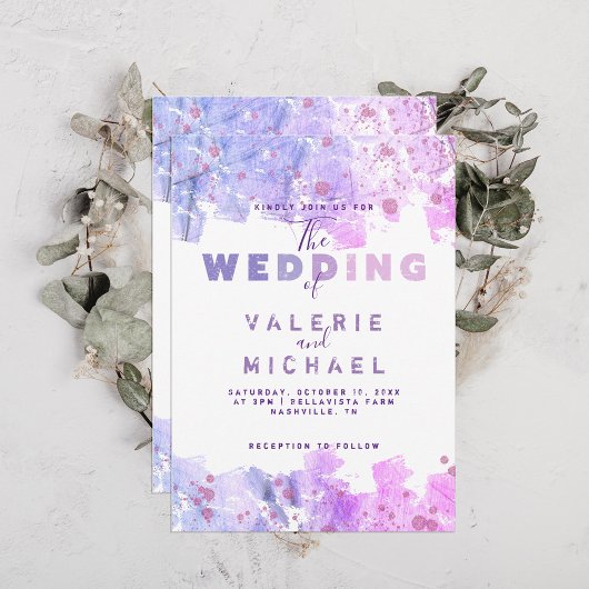 Moderne Kunsttischlerei Rosa und Lila Hochzeit Einladung