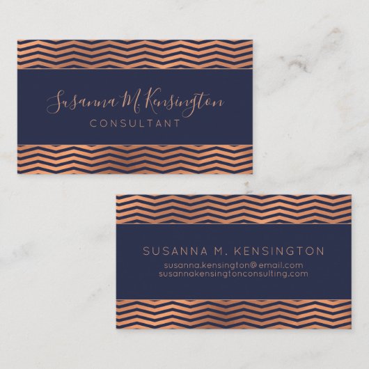 Moderne Kupfer Rose Gold Foil Navy Blau Zickzack Visitenkarte (Vorne/Hinten)
