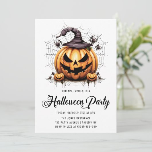 Moderne Kürbisspinnen Erwachsenes Halloween-Party Einladung (Stehend Vorderseite)
