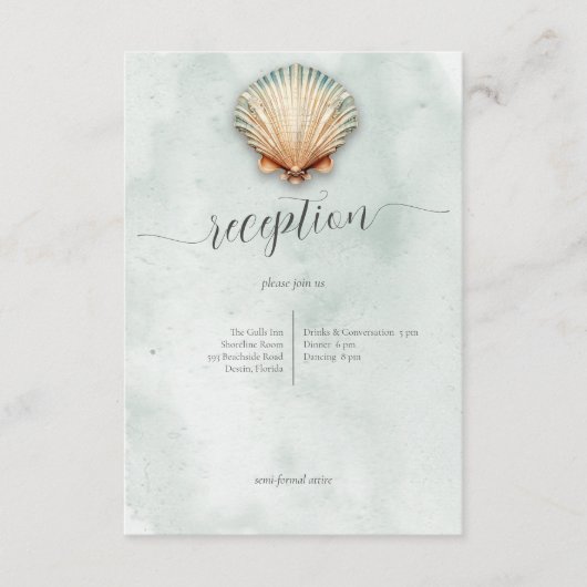 Moderne Küste Seashell Aqua Hochzeitsempfang Begleitkarte (Vorderseite)
