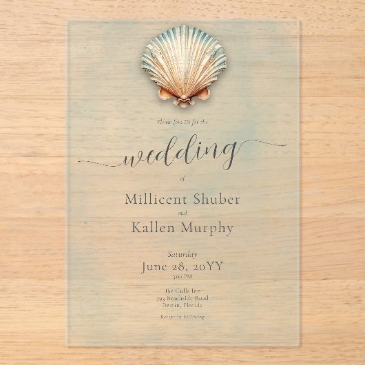 Moderne Küste Seashell Aqua Wedding Acryleinladungen (Vorderseite)