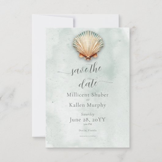 Moderne Küste Seashell Aqua Wedding Save The Date (Vorderseite)