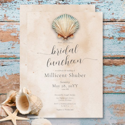 Moderne Küste Seashell Sand Bridal Luncheon Einladung
