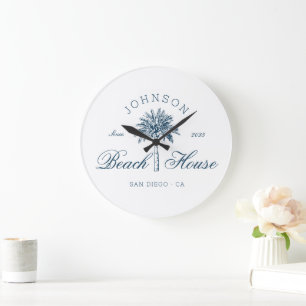Moderne Küsten-Vintage-Strandhaus Palme Blau  Große Wanduhr
