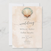 Moderne Küstenhochzeit Seashell Sand Wedding Einladung (Vorderseite)