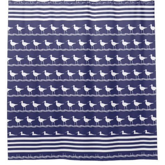 Moderne Küstenwache Nautical Navy Blue Sandpiper Duschvorhang (Vorderseite)