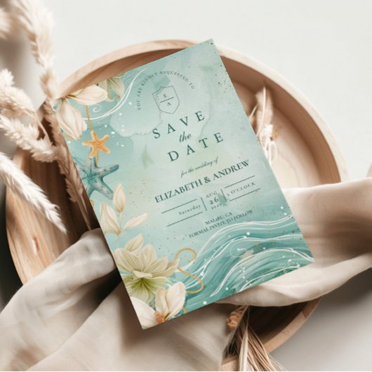 Moderne Küstenwellen-Blumenhochzeit Save The Date