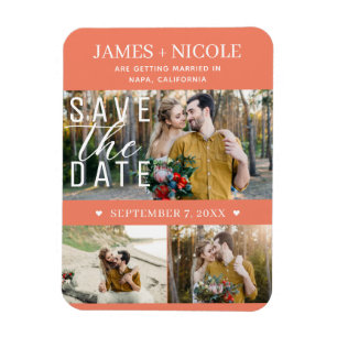 Moderne Lachsrosa Hochzeitsankündigung mit 3 Fotos Magnet
