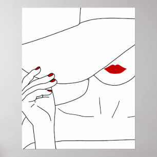 Moderne Lady in Hat mit Red Lipstick Line Art Poster