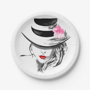 Moderne Lady mit Hutpapier-Tellern Pappteller