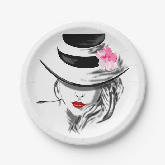Moderne Lady mit Hutpapier-Tellern Pappteller (Vorderseite)