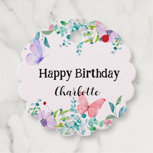 Moderne Ladybug Butterfly farbige Blume Geburtstag Geschenkanhänger (Vorderseite)