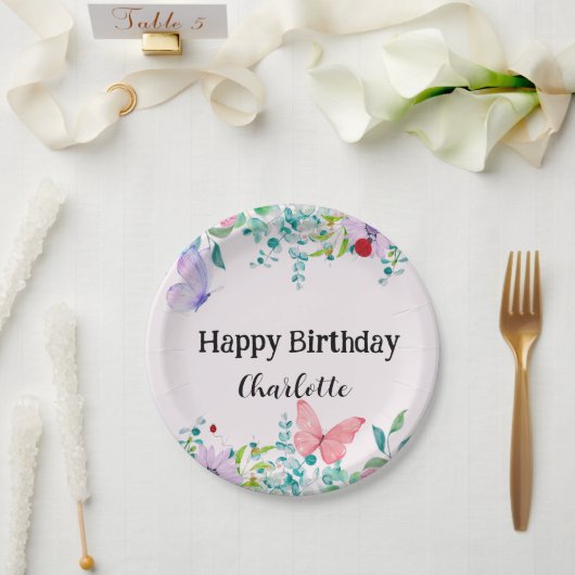 Moderne Ladybug Butterfly farbige Blume Geburtstag Pappteller (Hochzeit)
