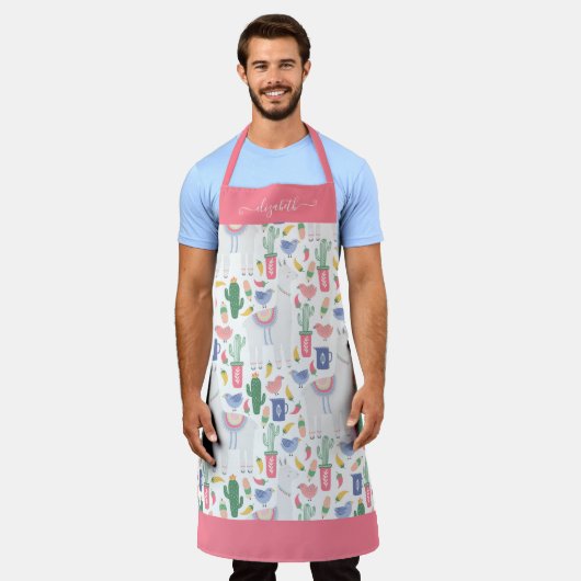 Moderne Lama Cactus Blush Pink Girly Script Name Schürze (Getragen)