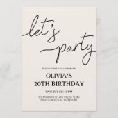 Moderne Lass uns feiern 20. Geburtstag Einladung (Vorderseite)