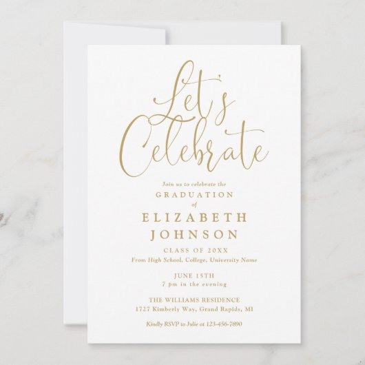 Moderne Lasse Celebrate Gold Script Graduation Par Einladung (Vorderseite)